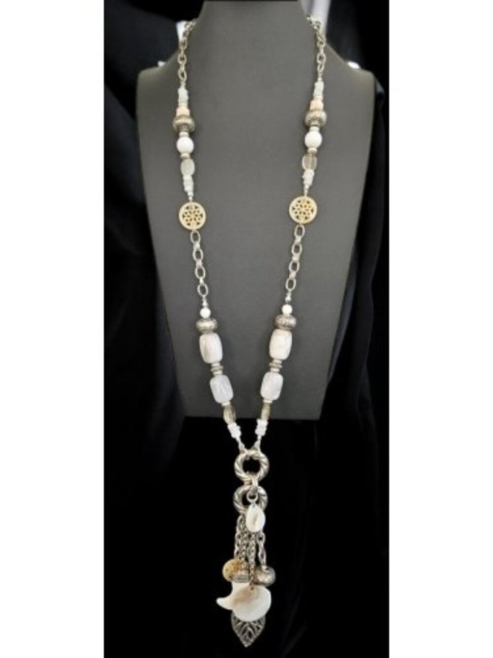 Vintage AVON Silvertone Beaded 30” Bohemian Necklace with Charms Pendant